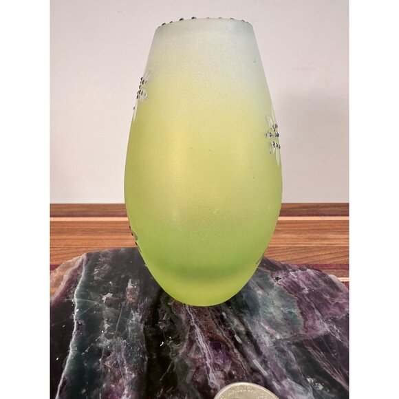 Handcrafted Frosted Green Glass Vase With Silver Accents & Intricate Leaf Design - Picture 5 of 10